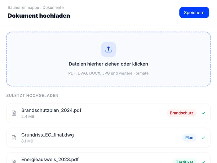 Dokument-Upload-Formular mit Drag-and-Drop-Fläche und Liste zuletzt hochgeladener Dateien
