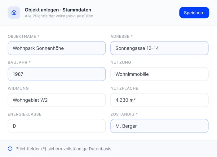 Formular zum Anlegen eines Objekts mit Stammdaten wie Adresse, Baujahr und Widmung