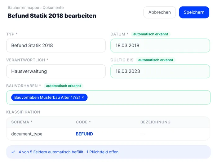 Dokumentenformular mit automatisch erkannten Feldern wie Datum, Gültigkeit und Bauvorhaben