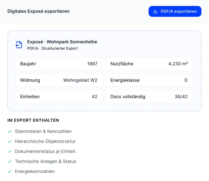 Digitales Exposé mit Kennzahlen einer Liegenschaft zum Export als PDF/A