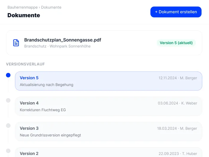 Versionsverlauf eines Dokuments mit Änderungen und Bearbeitern je Version