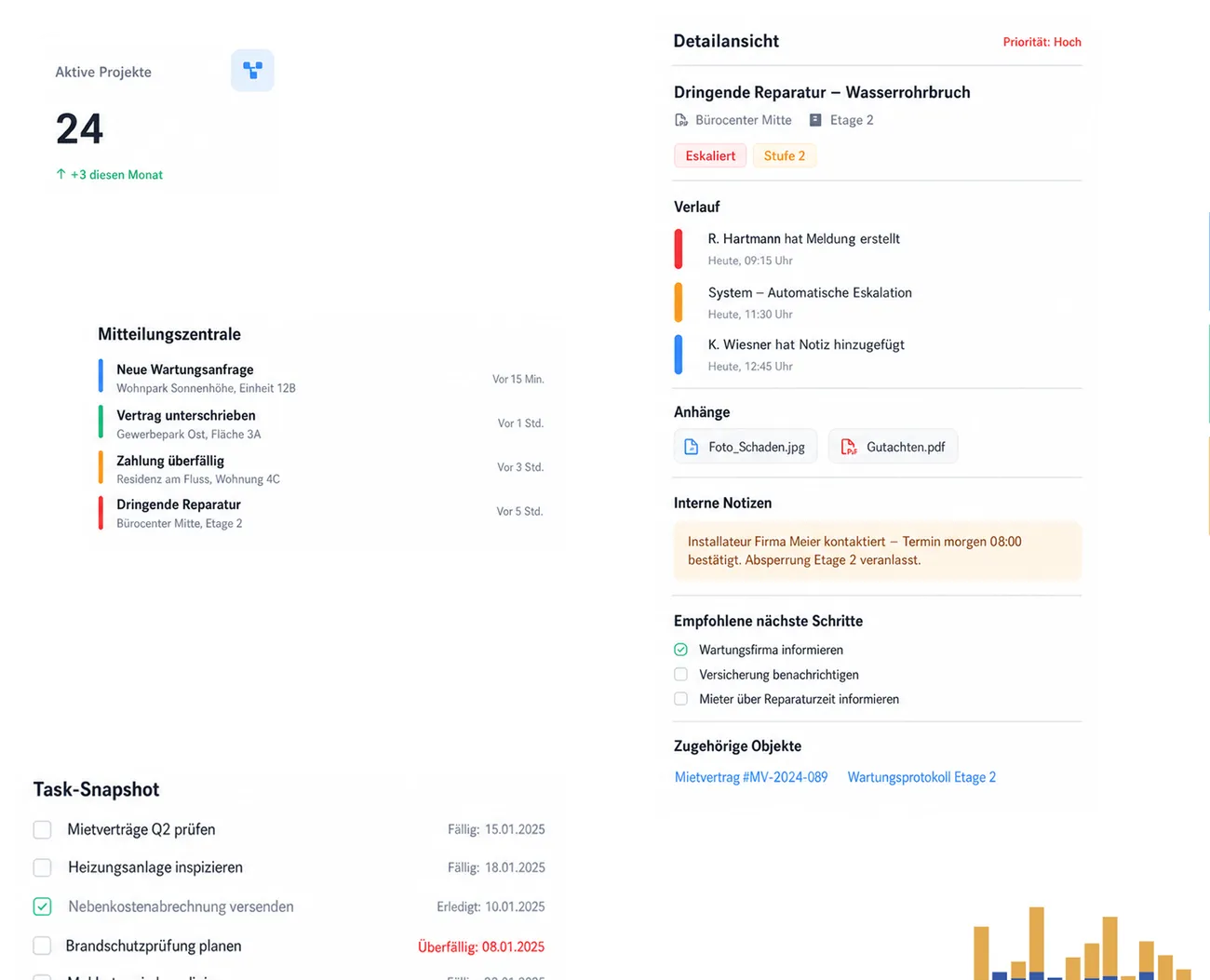 Dashboard-Übersicht der Bauherren Software mit Projekten, Mitteilungen und Aufgaben